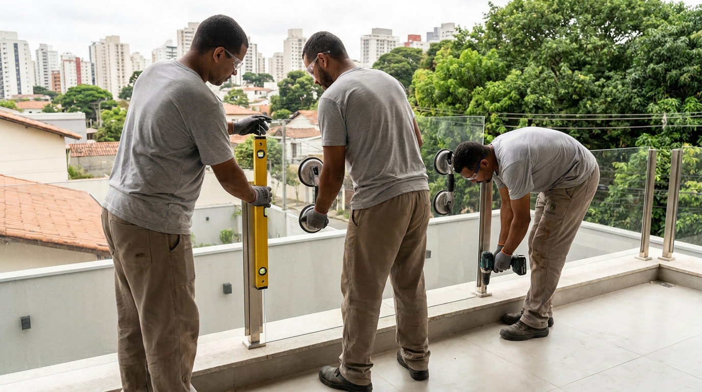 Guarda-corpo em terraço alto com vista cidade em Niterói-RJ